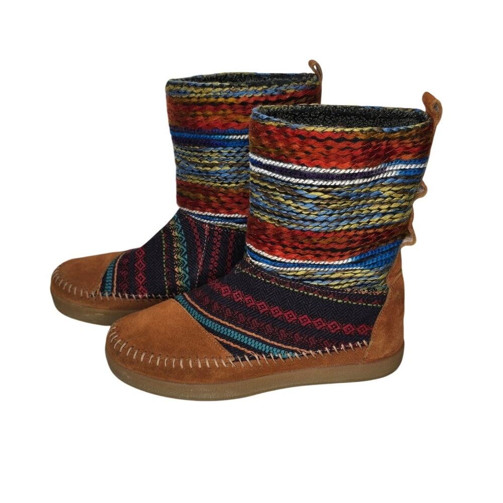 TOMS Women 6.5 Brown Suede Tribal Aztec Woven Faux Fur Mid Calf Boots